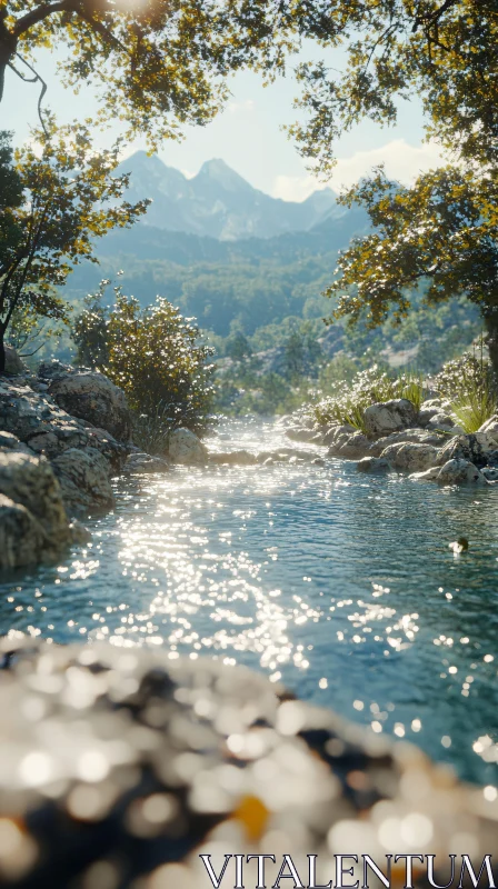 Tranquil Stream Amidst Mountainous Terrain AI Image