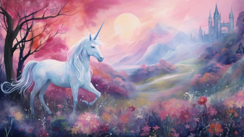 Unicorn in a Mystical Field During Sunset