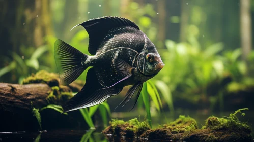 Black Angel Fish in a Verdant Forest Pond: A Gothic Baroque Fusion