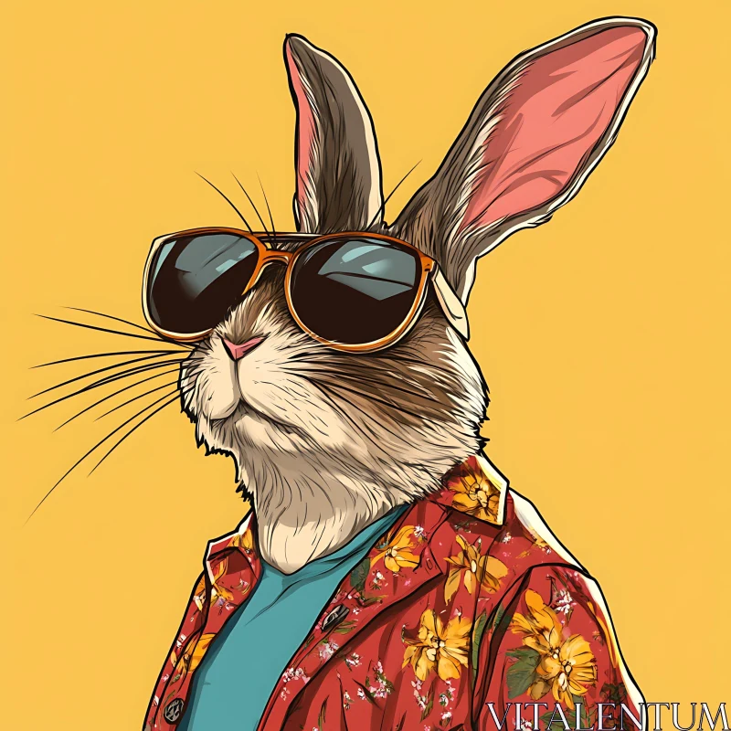 Rabbit in Floral Shirt Cartoon Illustration AI Image