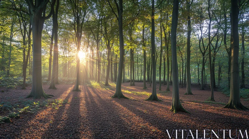 AI ART Peaceful Morning Sunlight through Forest Trees