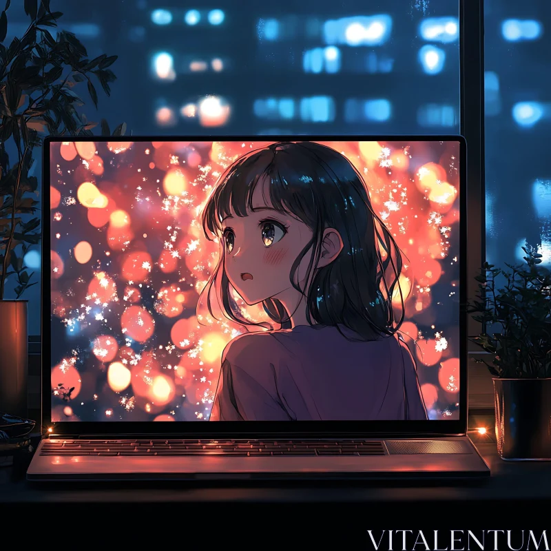 Dreamy Anime Girl on Cityscape Background AI Image