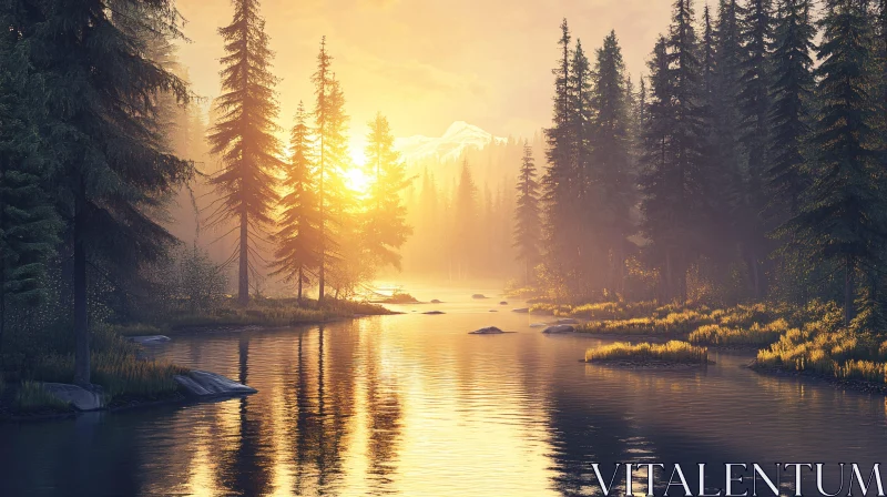 Golden Sunset in Tranquil Forest AI Image