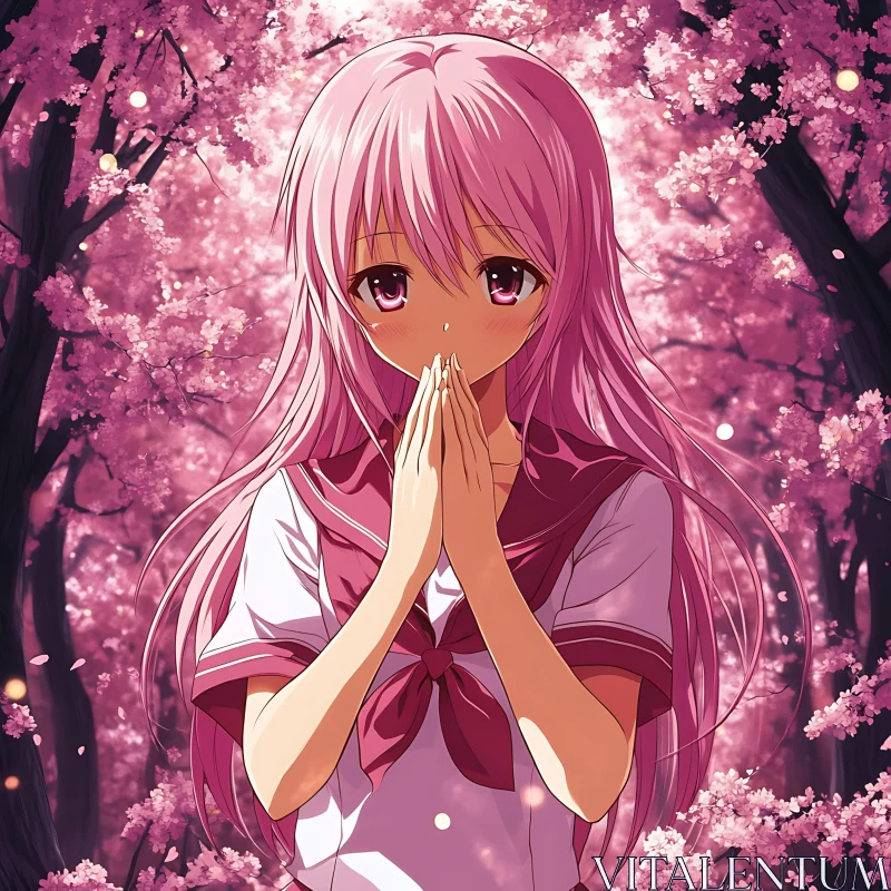 Shy Anime Girl in Springtime Sakura AI Image