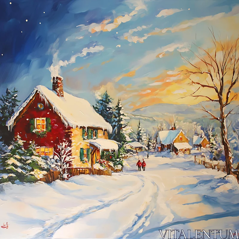 Snowy Village Landscape Painting