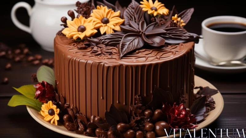 Meticulously Decorated Chocolate Cake with Flowers AI Image