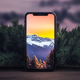 Phone Displaying Mountain Sunset Scene