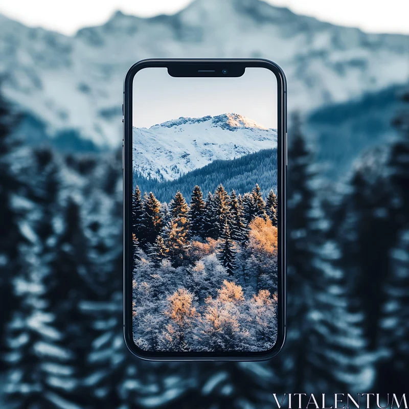 Snowy Peaks on Mobile Display AI Image