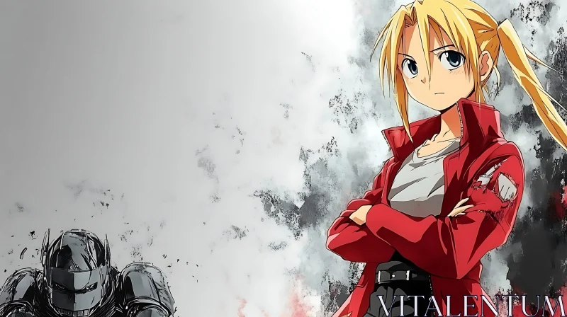 AI ART Blonde Anime Character in Red Jacket and Robot