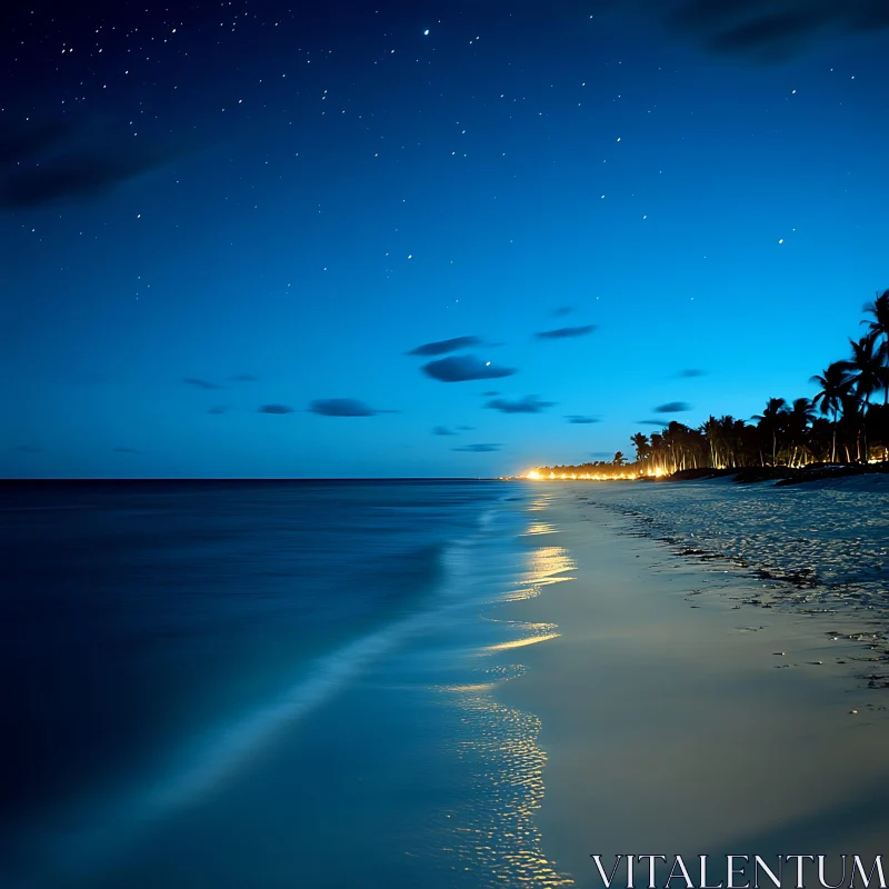 Nighttime Beach Scene with Starry Sky AI Image