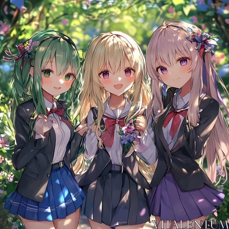 Anime Schoolgirls Outdoors with Flowers AI Image