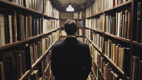 Library Aisle with Person in Suit