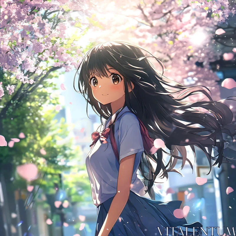 Springtime Anime Scene with Schoolgirl AI Image