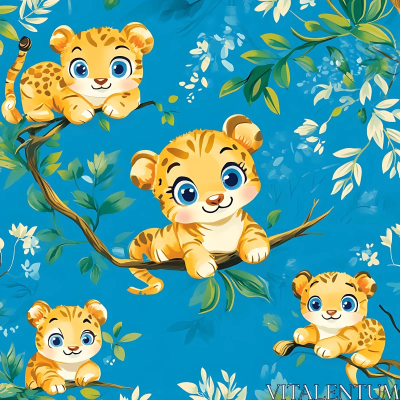 Cartoon Tigers on Tree Branches AI Image