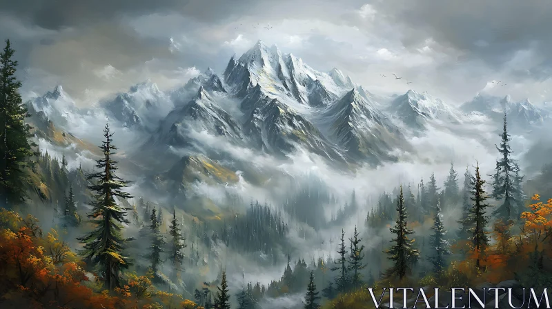 AI ART Snowy Mountains and Evergreen Forest