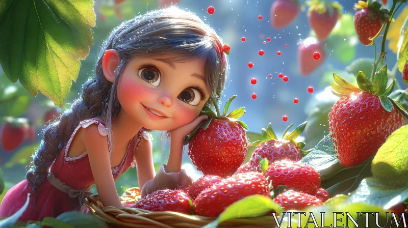 Cartoon Girl with Strawberries AI Image