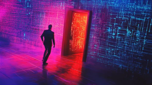 Abstract Figure Entering a Neon Door