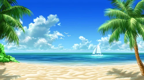 Seascape with Sailboat and Palm Trees