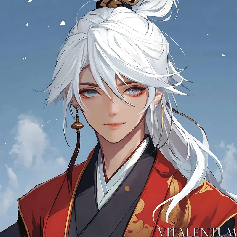 AI ART Regal Anime Character with White Hair and Ornate Robe