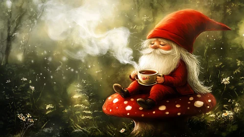 Forest Gnome Sipping Coffee on Mushroom