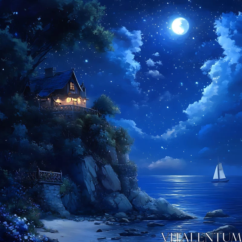 Coastal Home at Night AI Image