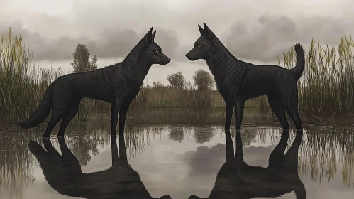 Wolves Reflection in Still Water