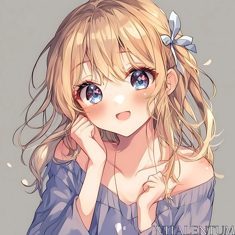 Cute Anime Girl with Blue Bow AI Image