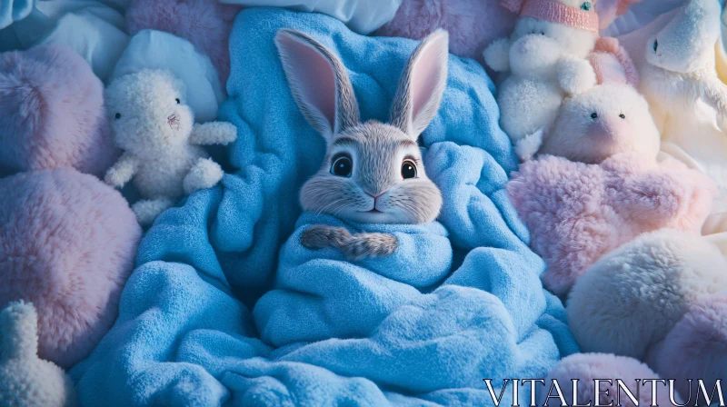 Snuggled Rabbit with Plush Companions AI Image