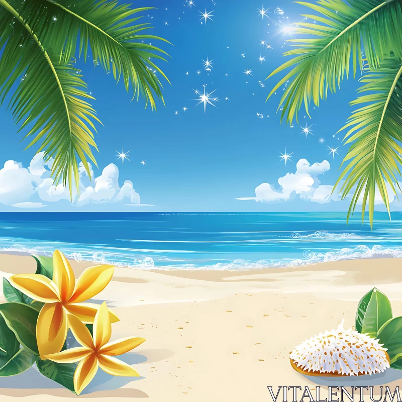 AI ART Serene Beach Scene with Yellow Flowers