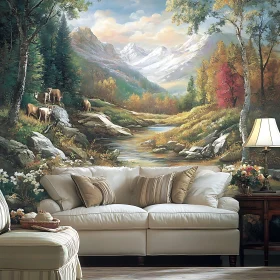 Mountain River Scene with Grazing Deer