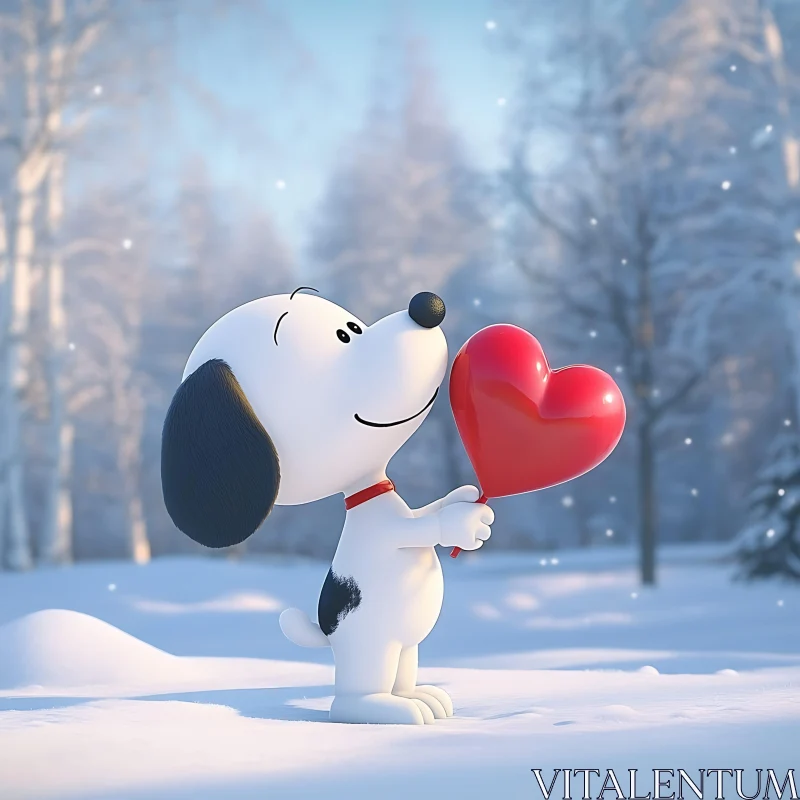 Animated Dog with Heart Balloon in Snowy Forest AI Image