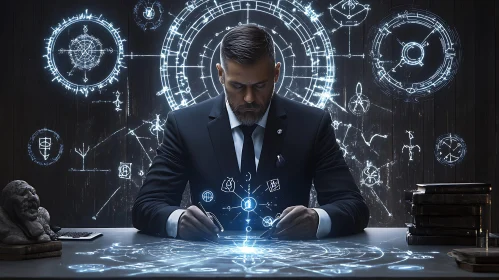 Man in Suit Working on Glowing Symbols