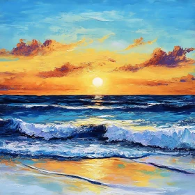 Ocean Sunset Art with Rolling Waves