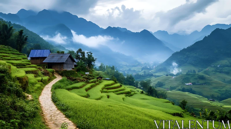 Lush Green Rice Terraces in Mountainous Valley AI Image