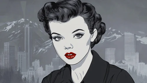 Monochrome Pop Art Woman with Urban and Mountain Backdrop