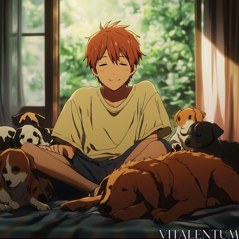 AI ART Anime Boy and Dogs in a Bright, Cozy Room