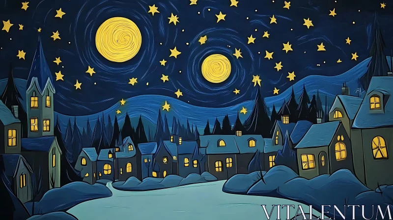 Nighttime Village Scene with Two Moons AI Image