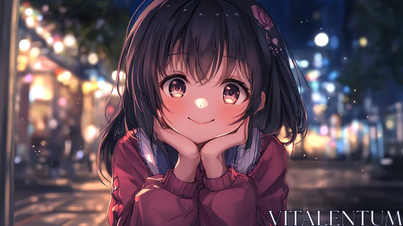 Cute Anime Girl Amidst Night City Lights AI Image