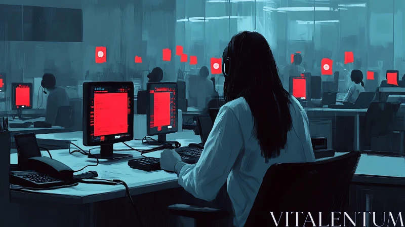 Data Office with Red Monitors AI Image