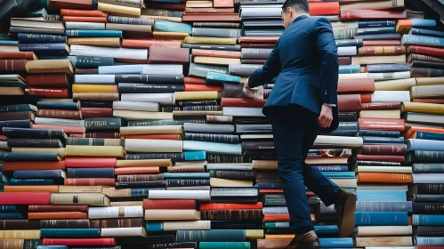 Man Climbing a Wall of Books