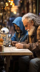Elderly Man Writing with Robot - A Pop Culture Infused Image