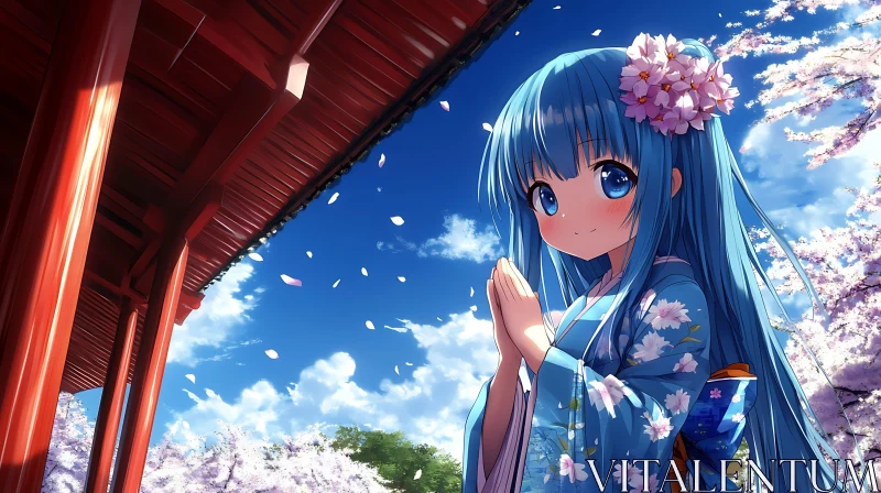 Blue-haired Anime Girl in Traditional Kimono AI Image