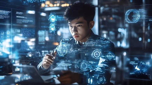 Man Immersed in Futuristic Technology