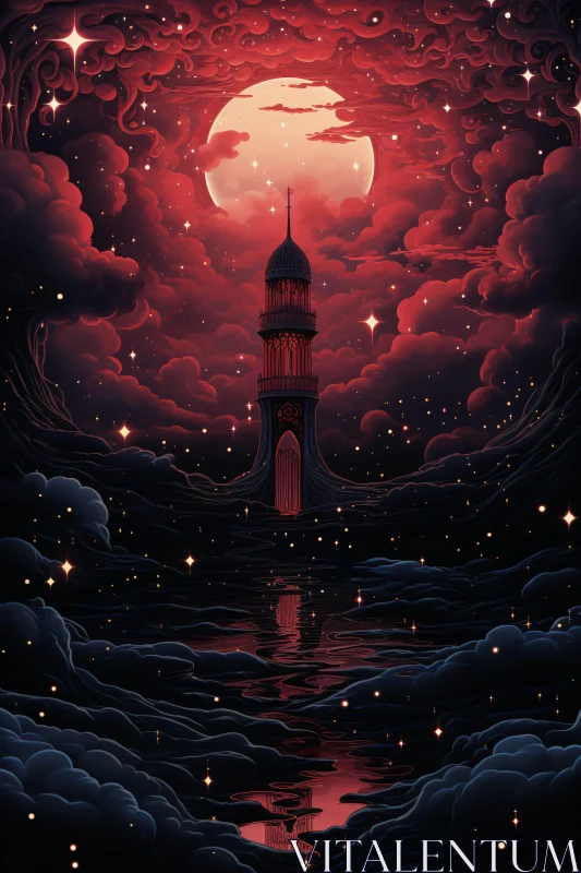 Ethereal Scene of Lighthouse and Moon AI Image