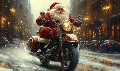 Santa on a Motorcycle in a Snow-Covered City