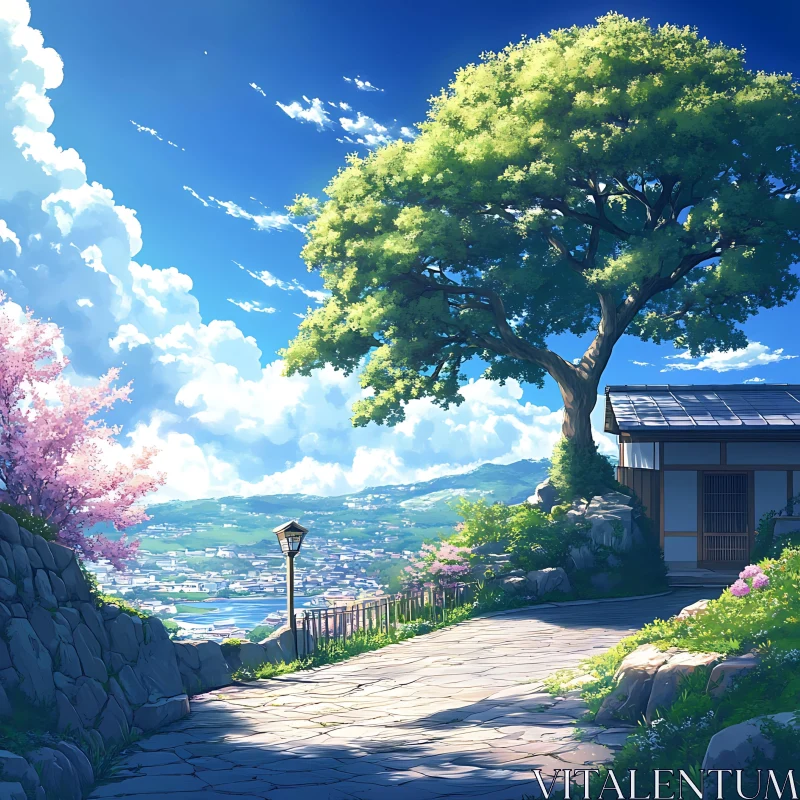 Scenic View of Tree, Stone Path, and Countryside