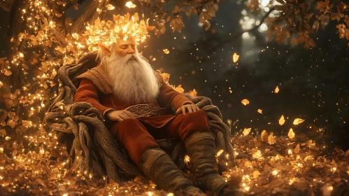 Elf with Leaf Crown on Wooden Throne