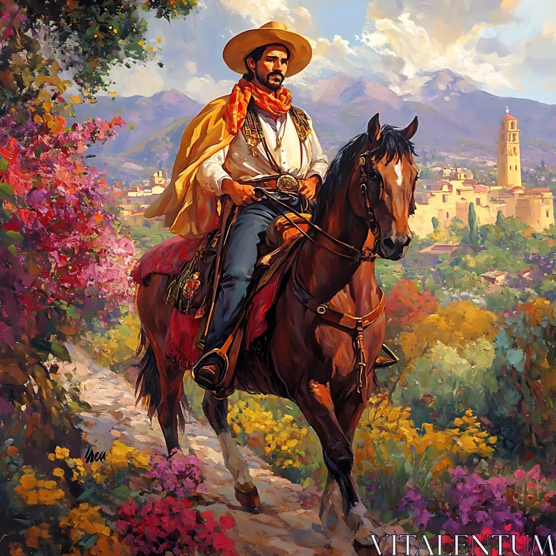 Man on Horseback in Colorful Countryside AI Image
