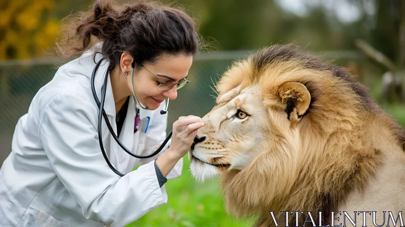 Veterinarian Examining a Lion with Stethoscope AI Image