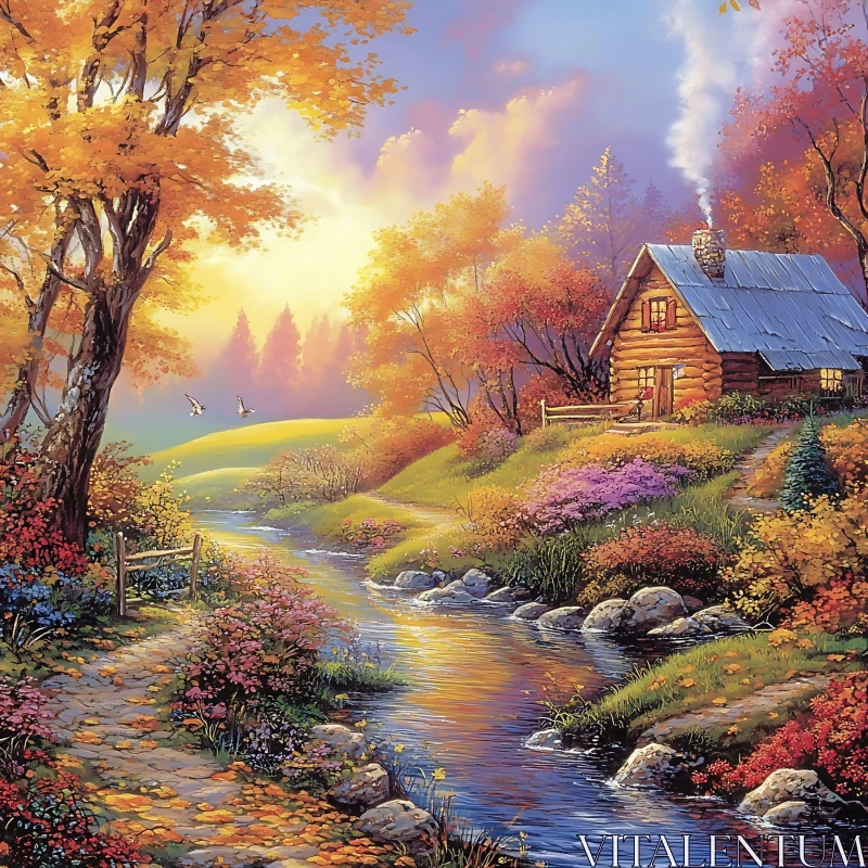 Riverside Cabin in Autumn Scenery